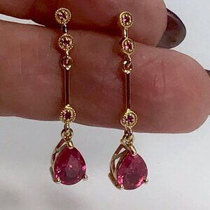 18K Yellow Gold Ruby Pink Sapphire Earrings Dangle 3.4 Grams 1 1/8”